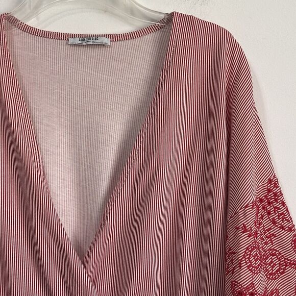 Zara Top M Surplice Crop Smocked Red Stripe Embroidered Half Sleeve Popover Boho - Picture 3 of 10